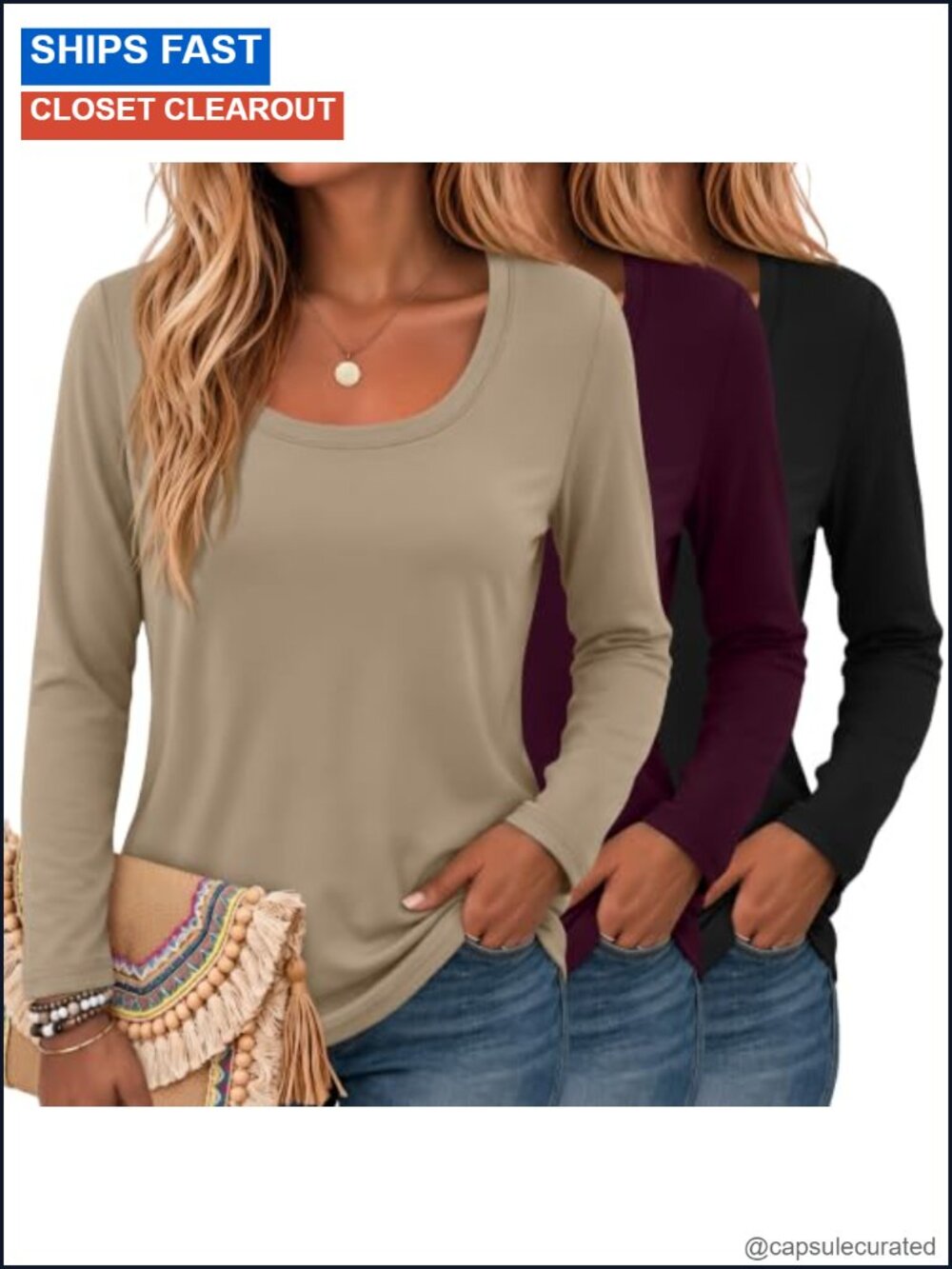 3 Pack Women Long Sleeve Scoop Neck Casual T-Shirts Cotton Blend Stretchy
